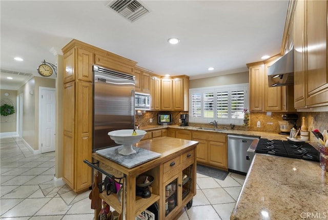 210 View Dr, La Habra, CA 90631 - kitchen featuring built in appliances, a sink, extractor fan, ornamental molding, and backsplash