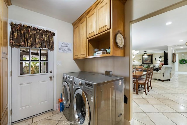 210 View Dr, La Habra, CA 90631 - laundry room featuring cabinet space, washing machine and clothes dryer, light tile patterned floors, a ceiling fan, and recessed lighting