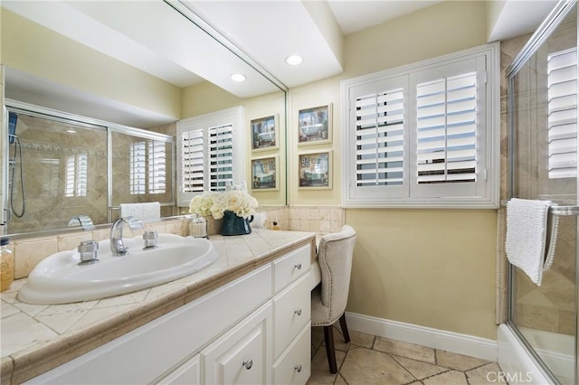210 View Dr, La Habra, CA 90631 - bathroom with vanity, tile patterned flooring, baseboards, recessed lighting, and combined bath / shower with glass door