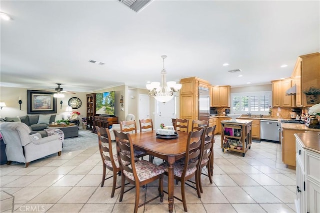 210 View Dr, La Habra, CA 90631 - dining room with light tile patterned flooring, a chandelier, a ceiling fan, and recessed lighting