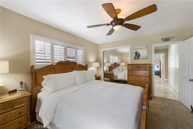 210 View Dr, La Habra, CA 90631 - bedroom featuring a ceiling fan, light carpet, and light tile patterned floors