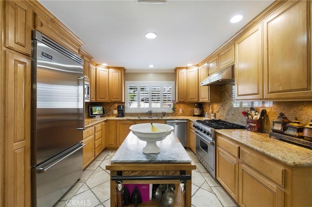 210 View Dr, La Habra, CA 90631 - kitchen with built in appliances, under cabinet range hood, tasteful backsplash, a sink, and crown molding