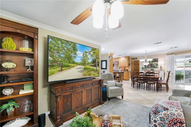 210 View Dr, La Habra, CA 90631 - living area featuring ceiling fan, light tile patterned flooring, ornamental molding, and a chandelier