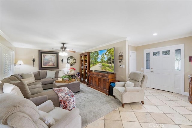 210 View Dr, La Habra, CA 90631 - living room featuring ornamental molding, light tile patterned floors, and ceiling fan