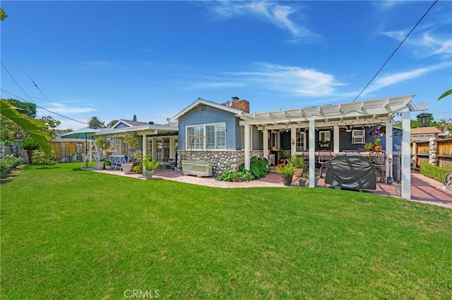210 View Dr, La Habra, CA 90631 - rear view of house featuring a pergola, a patio area, a chimney, stone siding, and stucco siding