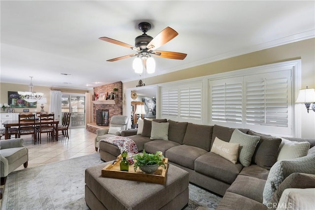 210 View Dr, La Habra, CA 90631 - living area featuring ceiling fan, light tile patterned floors, ornamental molding, a chandelier, and a stone fireplace