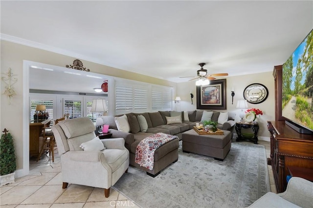 210 View Dr, La Habra, CA 90631 - living area featuring a ceiling fan, baseboards, and light tile patterned floors