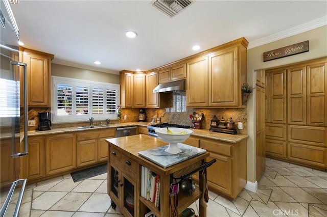 210 View Dr, La Habra, CA 90631 - kitchen with a sink, under cabinet range hood, backsplash, light tile patterned flooring, and crown molding
