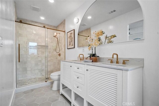 2842 E Virginia Ave, Anaheim, CA 92806 - full bathroom with tile patterned floors, toilet, recessed lighting, a stall shower, and double vanity