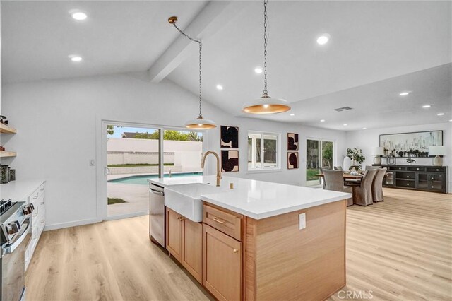 2842 E Virginia Ave, Anaheim, CA 92806 - kitchen with a sink, appliances with stainless steel finishes, light wood-type flooring, plenty of natural light, and recessed lighting