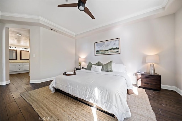 1500 E Ocean Blvd Unit 419, Long Beach, CA 90802 - bedroom with baseboards, ornamental molding, dark wood-style flooring, ensuite bath, and ceiling fan