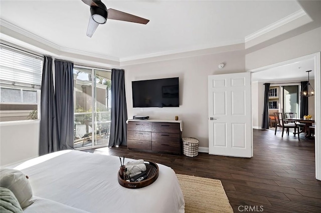 1500 E Ocean Blvd Unit 419, Long Beach, CA 90802 - bedroom featuring ornamental molding, dark wood-type flooring, access to outside, baseboards, and a ceiling fan