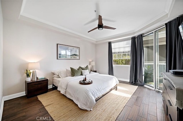 1500 E Ocean Blvd Unit 419, Long Beach, CA 90802 - bedroom with a tray ceiling, wood finished floors, baseboards, access to outside, and ornamental molding