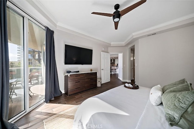 1500 E Ocean Blvd Unit 419, Long Beach, CA 90802 - bedroom with access to exterior, dark wood-style floors, ornamental molding, baseboards, and ceiling fan