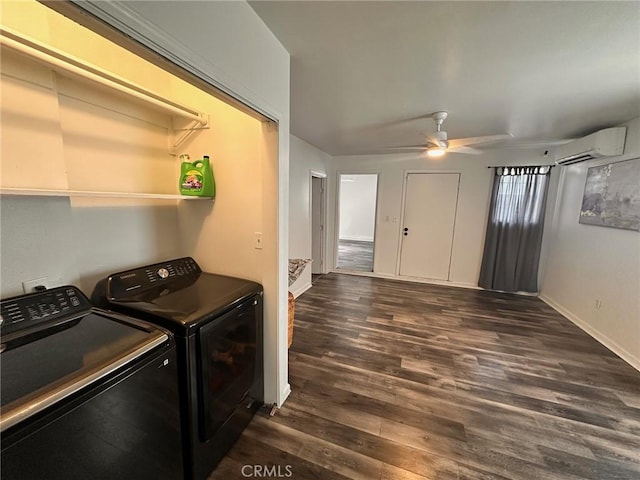 3208 W 74th St, Los Angeles, CA 90043 - laundry area with a wall unit AC, washer and clothes dryer, dark wood-style flooring, and ceiling fan