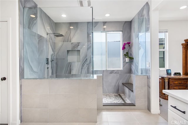 36275 Firelight Cir, Wildomar, CA 92595 - full bath featuring vanity, plenty of natural light, a marble finish shower, recessed lighting, and tile patterned floors
