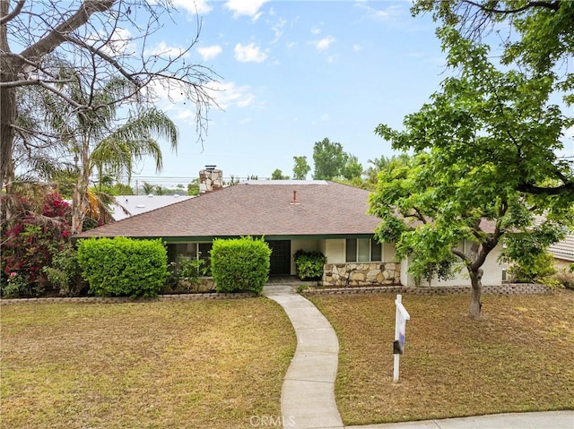 1754 N 1st Ave, Upland, CA 91784 - ranch-style house with a front lawn, a shingled roof, a chimney, and stucco siding