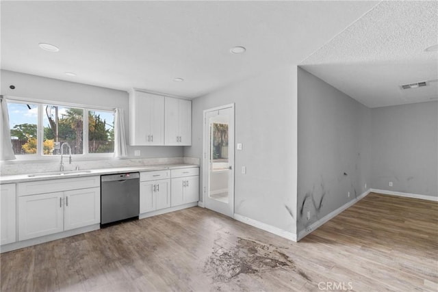 1754 N 1st Ave, Upland, CA 91784 - kitchen with stainless steel dishwasher, a sink, light wood finished floors, white cabinetry, and light countertops