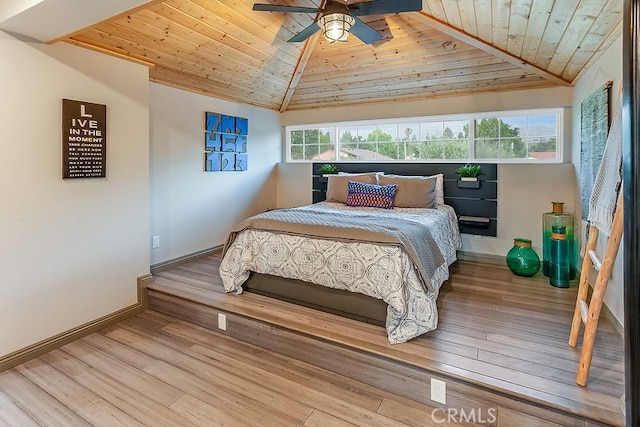 19520 Bermudas St, Porter Ranch, CA 91326 - bedroom featuring wooden ceiling, wood finished floors, vaulted ceiling, baseboards, and ceiling fan