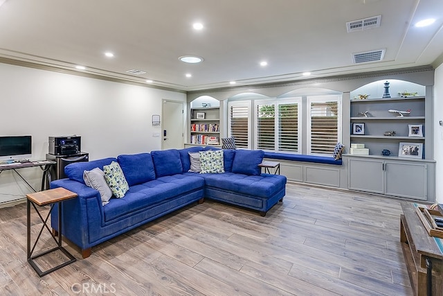 19520 Bermudas St, Porter Ranch, CA 91326 - living room with crown molding, light wood-style floors, and recessed lighting