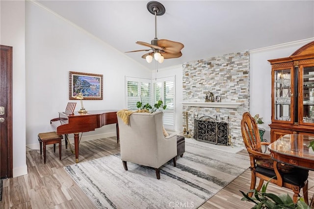 24711 Eloisa Dr, Mission Viejo, CA 92691 - living room featuring ceiling fan, crown molding, vaulted ceiling, wood finished floors, and baseboards