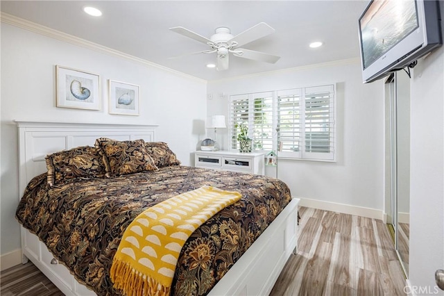 24711 Eloisa Dr, Mission Viejo, CA 92691 - bedroom featuring ornamental molding, wood finished floors, baseboards, recessed lighting, and a ceiling fan