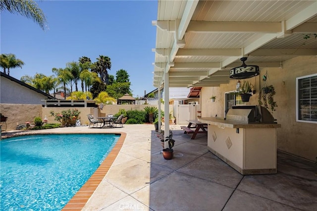 24711 Eloisa Dr, Mission Viejo, CA 92691 - view of swimming pool with a patio, a fenced backyard, a ceiling fan, and outdoor dining area