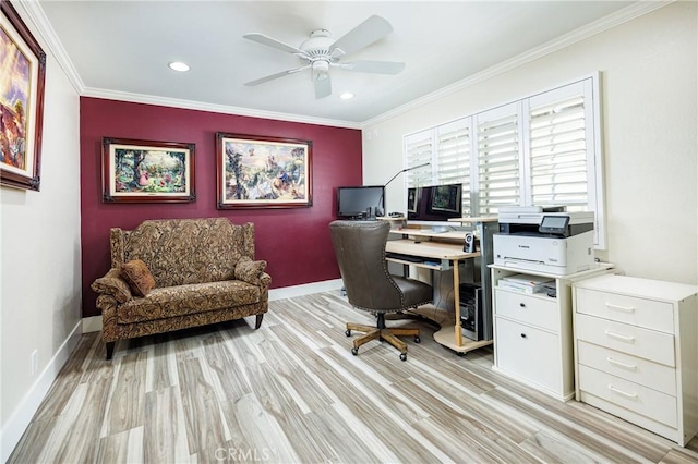 24711 Eloisa Dr, Mission Viejo, CA 92691 - office space with ceiling fan, crown molding, recessed lighting, light wood-style floors, and baseboards