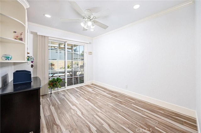 24711 Eloisa Dr, Mission Viejo, CA 92691 - spare room featuring crown molding, light wood finished floors, baseboards, ceiling fan, and recessed lighting