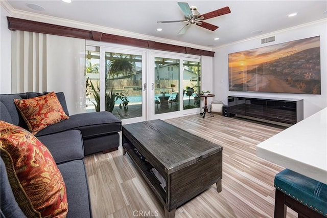 24711 Eloisa Dr, Mission Viejo, CA 92691 - living area with ornamental molding, wood finished floors, a ceiling fan, french doors, and recessed lighting