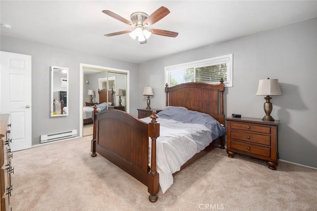 3580 Maricopa Rd, Atascadero, CA 93422 - bedroom with a baseboard radiator, light carpet, a closet, and ceiling fan