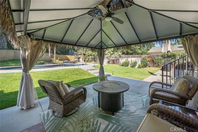 3580 Maricopa Rd, Atascadero, CA 93422 - fenced backyard featuring a gazebo, a ceiling fan, and a patio