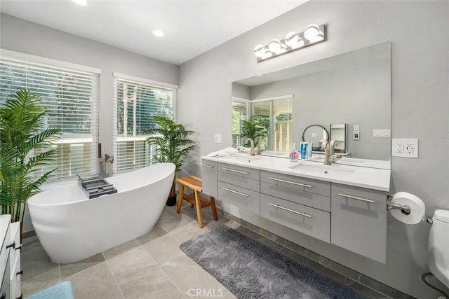 3580 Maricopa Rd, Atascadero, CA 93422 - full bathroom with double vanity, a freestanding bath, and recessed lighting