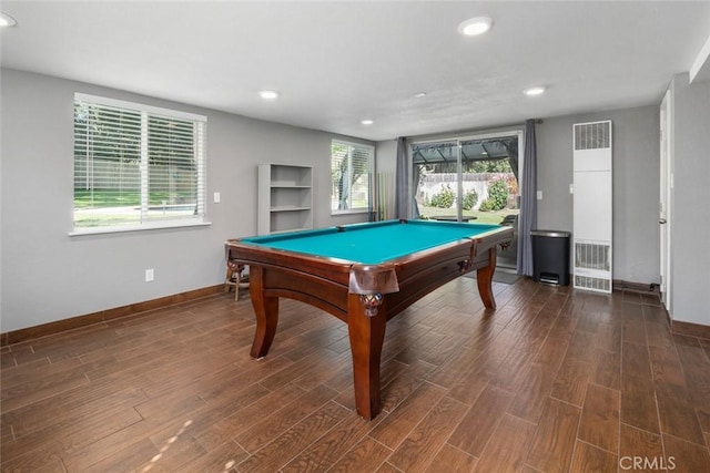 3580 Maricopa Rd, Atascadero, CA 93422 - recreation room featuring a heating unit, recessed lighting, dark wood-style floors, and pool table