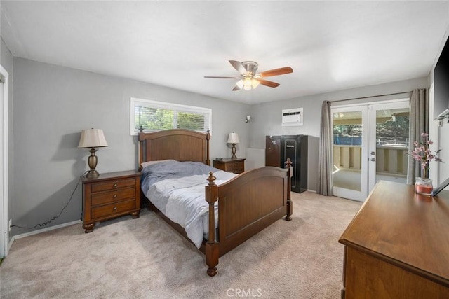 3580 Maricopa Rd, Atascadero, CA 93422 - bedroom with light colored carpet, french doors, a ceiling fan, and access to exterior
