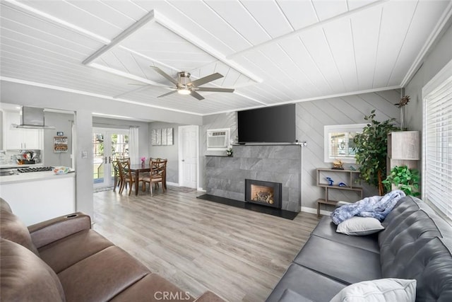 3580 Maricopa Rd, Atascadero, CA 93422 - living area featuring light wood-style floors, ceiling fan, a fireplace, a wall mounted AC, and wood ceiling