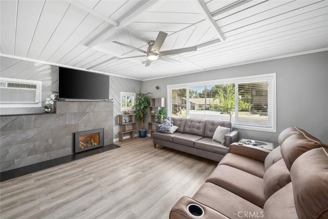 3580 Maricopa Rd, Atascadero, CA 93422 - living area featuring a wall unit AC, wood finished floors, ceiling fan, a tiled fireplace, and wooden ceiling