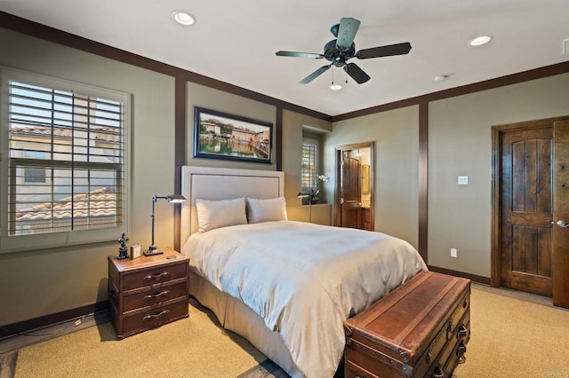 6937 Corte Langosta, Carlsbad, CA 92009 - bedroom featuring light colored carpet, baseboards, recessed lighting, and a ceiling fan