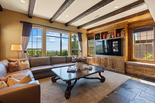 6937 Corte Langosta, Carlsbad, CA 92009 - living area with beamed ceiling, stone tile floors, and recessed lighting
