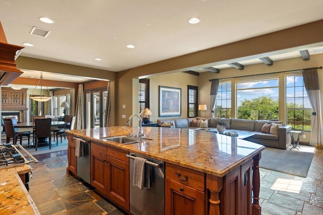 6937 Corte Langosta, Carlsbad, CA 92009 - kitchen featuring a sink, open floor plan, stone tile flooring, stainless steel dishwasher, and recessed lighting