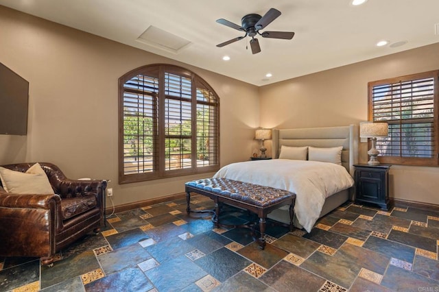 6937 Corte Langosta, Carlsbad, CA 92009 - bedroom featuring stone tile flooring, recessed lighting, and a ceiling fan