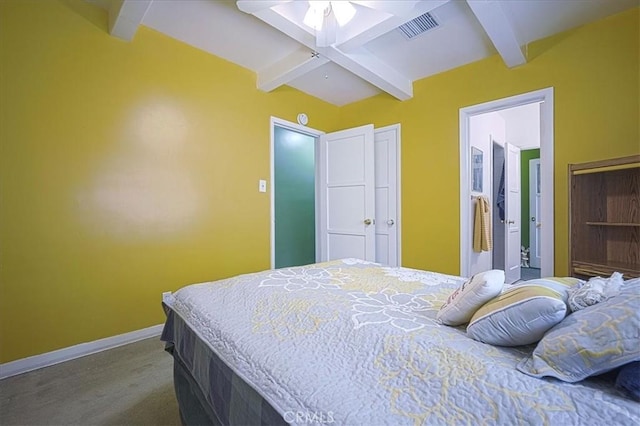 5062 Magnolia Ave, Riverside, CA 92506 - bedroom featuring beam ceiling, baseboards, carpet flooring, and a ceiling fan