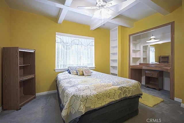 5062 Magnolia Ave, Riverside, CA 92506 - carpeted bedroom with baseboards, beamed ceiling, and ceiling fan