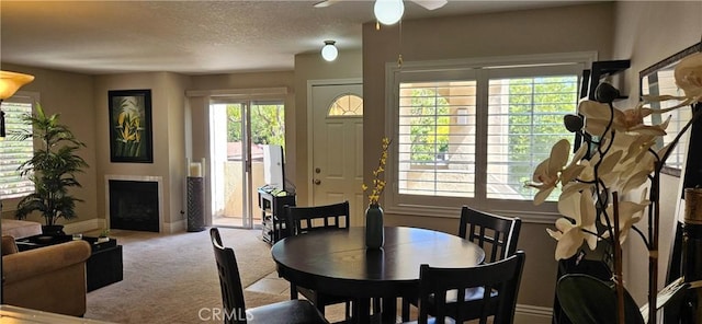 21208 Camelia Unit 44, Lake Forest, CA 92630 - dining area with carpet floors, baseboards, a ceiling fan, a fireplace, and a textured ceiling