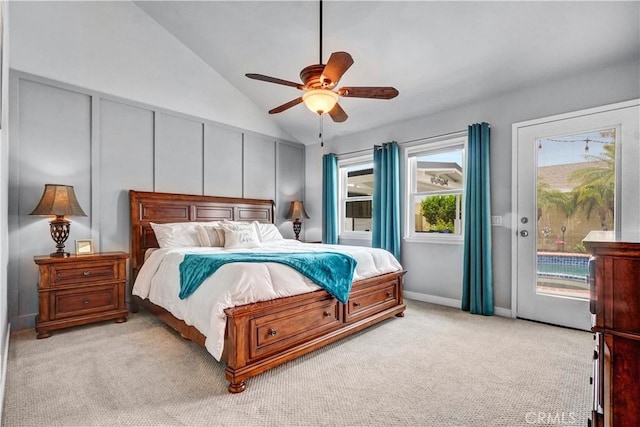 631 Holmes Ave, Placentia, CA 92870 - bedroom featuring access to outside, light carpet, lofted ceiling, and a ceiling fan