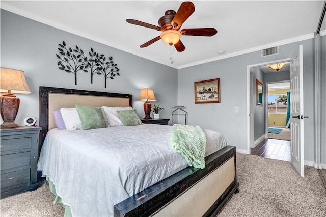 631 Holmes Ave, Placentia, CA 92870 - bedroom with carpet, baseboards, ornamental molding, and ceiling fan