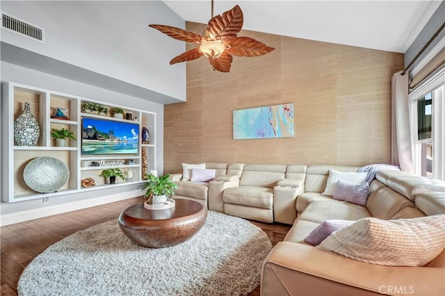 631 Holmes Ave, Placentia, CA 92870 - living room with ceiling fan, wood finished floors, high vaulted ceiling, and baseboards