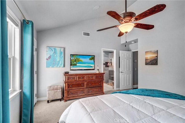 631 Holmes Ave, Placentia, CA 92870 - bedroom with light colored carpet, vaulted ceiling, baseboards, a ceiling fan, and ensuite bathroom