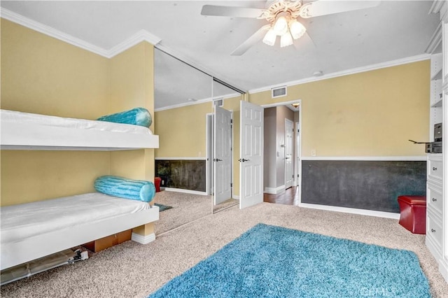 631 Holmes Ave, Placentia, CA 92870 - bedroom featuring carpet, ornamental molding, baseboards, and a ceiling fan