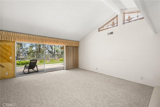 6459 E Via Arboles, Anaheim Hills, CA 92807 - unfurnished living room with carpet flooring, beamed ceiling, and high vaulted ceiling